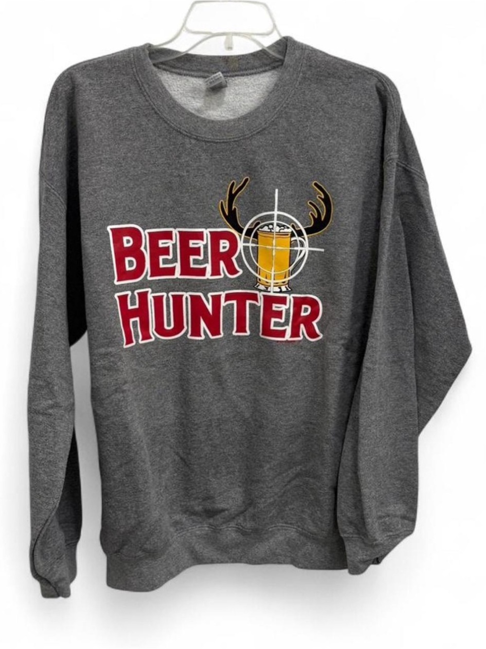 Men’s Hunting  Gray 'Beer Hunter' Crewneck Sweatshirt with Red and Gold Graphic